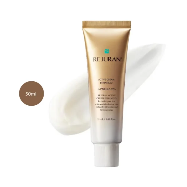 REJURAN Nutritive Cream 50ml metallic silver jar over smooth white cream swatch.