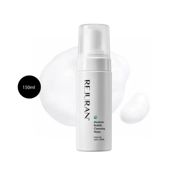 REJURAN Moisture Bubble Cleansing Water 150ml white pump bottle over foam backdrop.