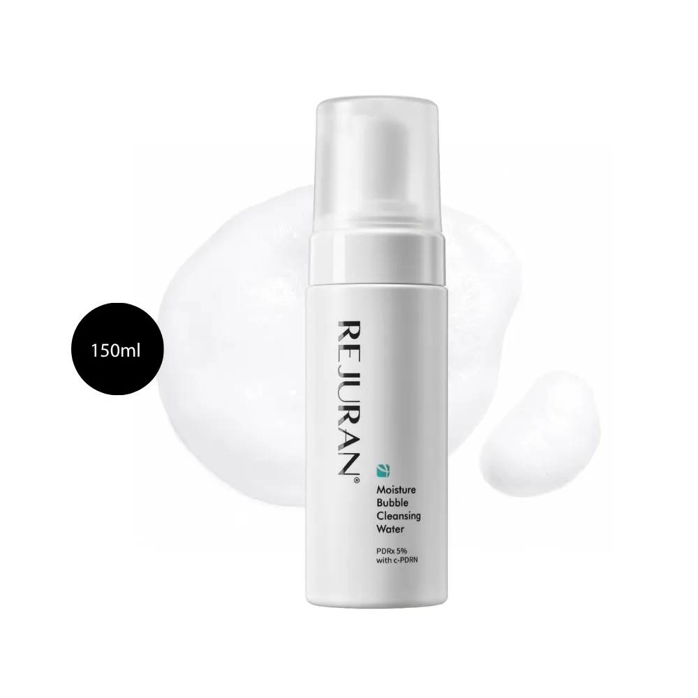 REJURAN Moisture Bubble Cleansing Water (150ml) REJURAN Moisture Bubble Cleansing Water 150ml white pump bottle over foam backdrop.