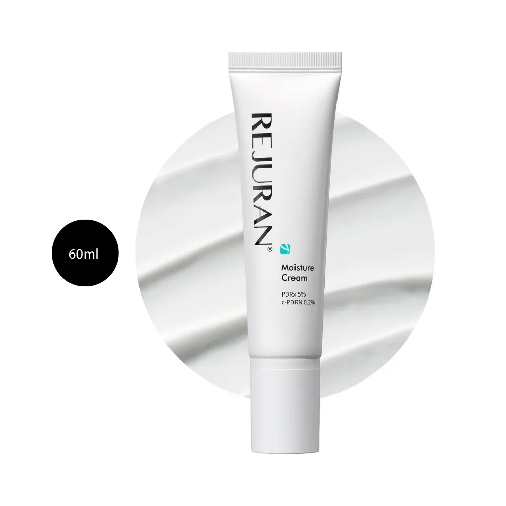 REJURAN Moisture Cream (60ml) REJURAN Moisture Cream 60ml white squeeze tube over smooth white cream backdrop.