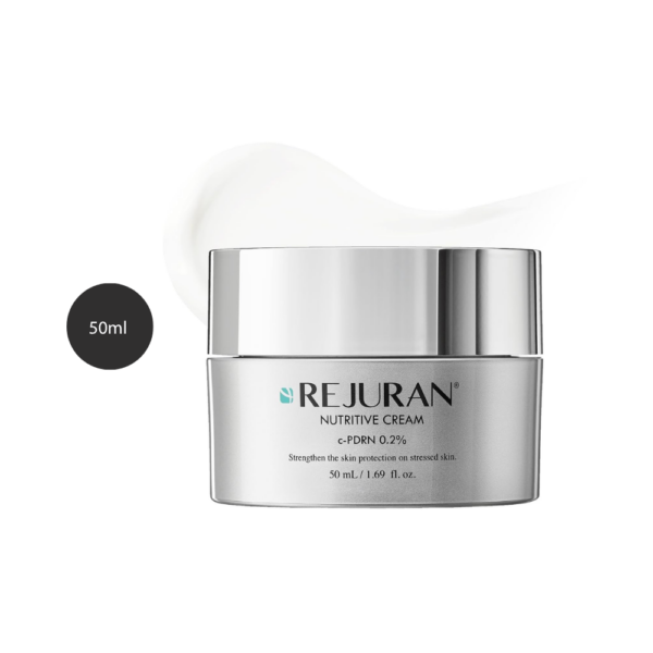 REJURAN Nutritive Cream 50ml metallic silver jar over smooth white cream swatch.
