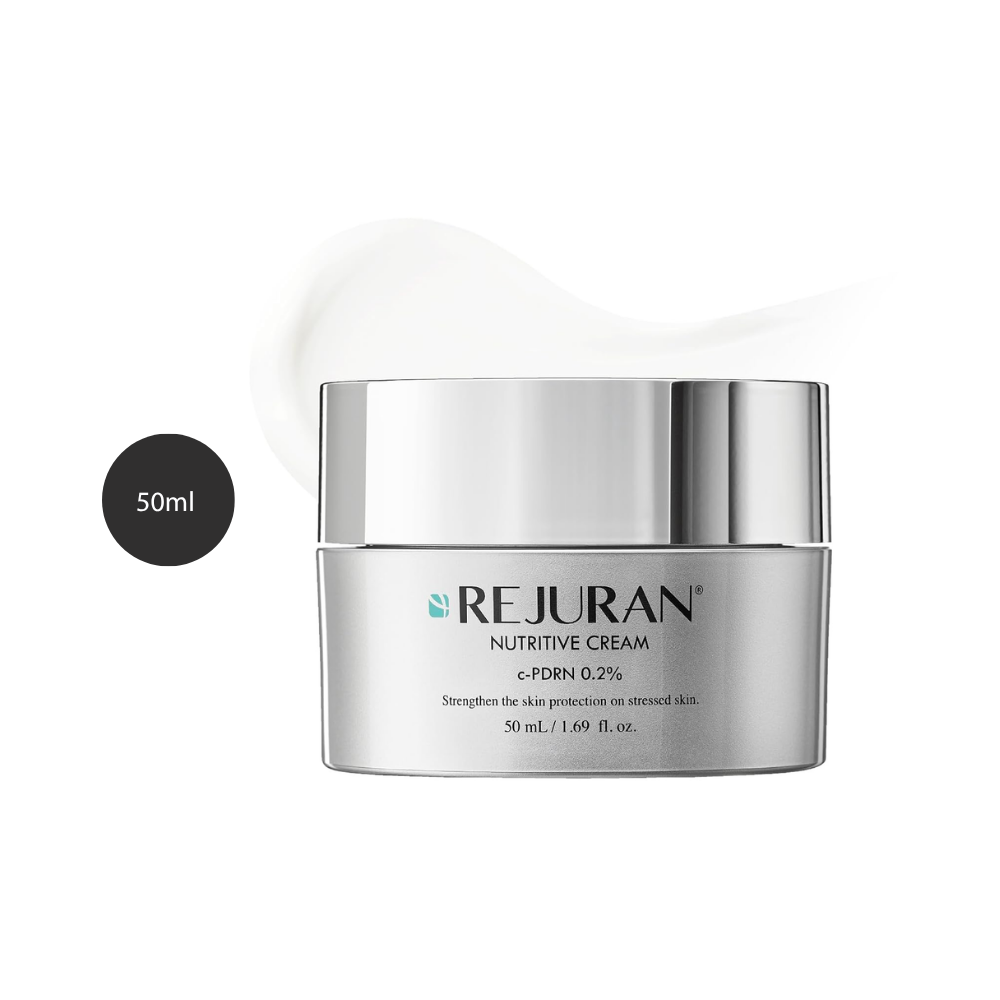REJURAN Nutritive Cream (50ml) REJURAN Nutritive Cream 50ml metallic silver jar over smooth white cream swatch.