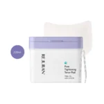 REJURAN Pore Tightening Toner Pads 220ml square tub with purple lid, pad, and tweezers.