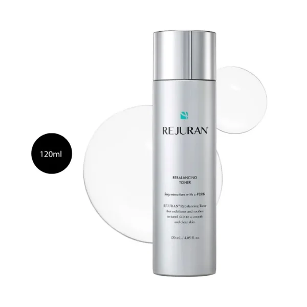 REJURAN Rebalancing Toner 120ml metallic silver bottle with clear liquid drops.