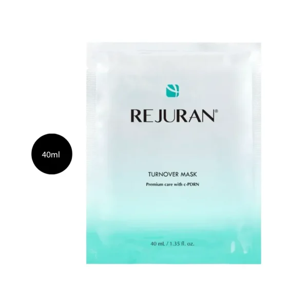 REJURAN Turnover Mask 40ml white and turquoise sheet mask pouch.