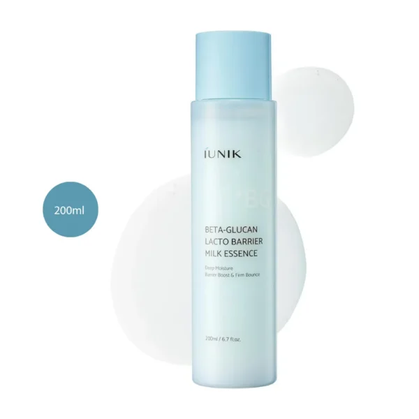 iUNIK Beta-Glucan Lacto Barrier Milk Essence 200ml light blue bottle with blue cap over white liquid splash.