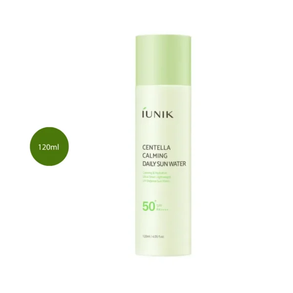 iUNIK Centella Calming Daily Sun Water 120ml pale green bottle with light green cap.