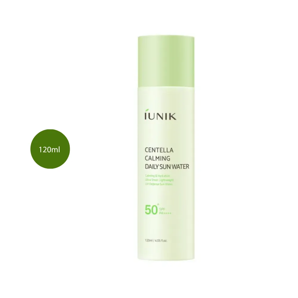 iUNIK Centella Calming Daily Sun Water (120ml) iUNIK Centella Calming Daily Sun Water 120ml pale green bottle with light green cap.