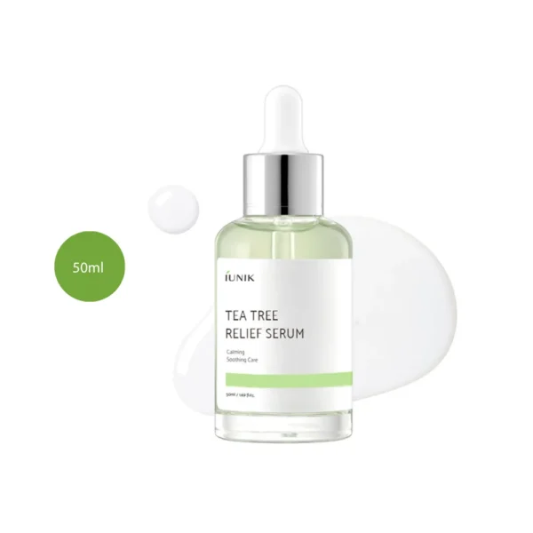 iUNIK Tea Tree Relief Serum 50ml clear bottle with green liquid and dropper cap over liquid smear.