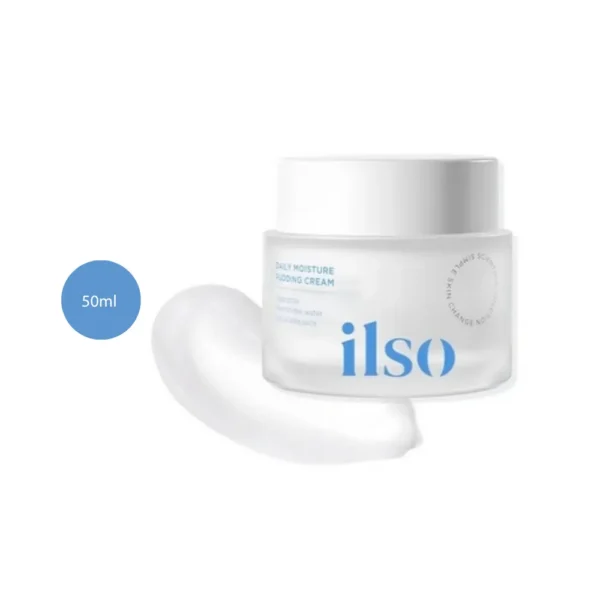 ilso Daily Moisture Pudding Cream 50ml frosted jar with white cap over translucent gel smear.