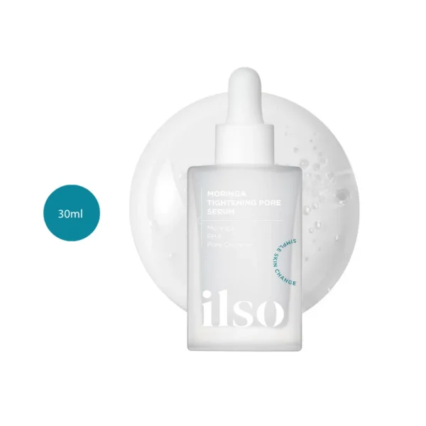 ilso Moringa Tightening Pore Serum 30ml frosted glass bottle with dropper over serum splash.