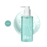 ilso Super Melting Sebum Cleansing Oil 200ml clear teal bottle with pump over water splash.
