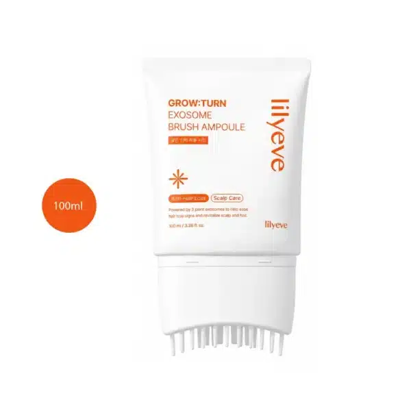 lilyeve Grow Turn Exosome Brush Ampoule 100ml white squeeze tube with built-in scalp brush applicator.