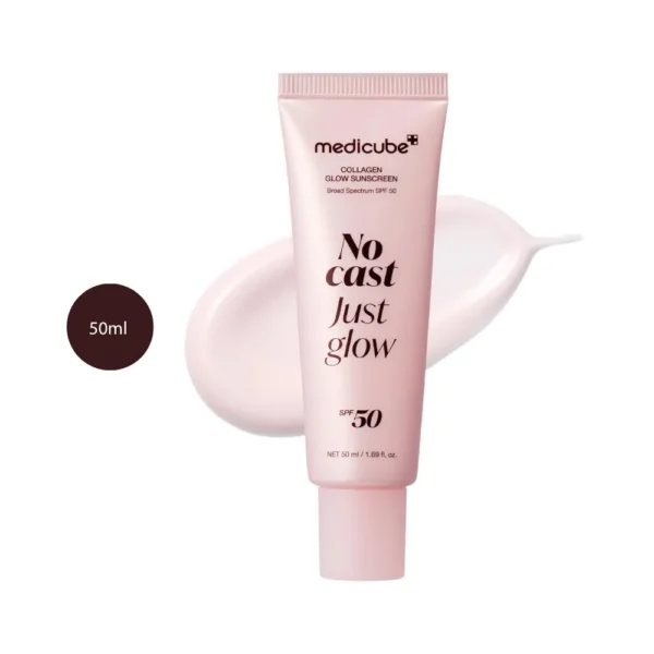 medicube Collagen Glow Sunscreen 50ml pink tube over light pink sunscreen smear.