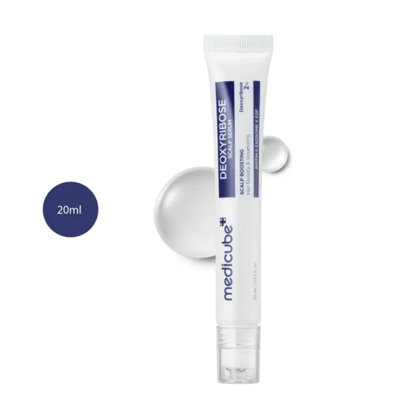 medicube Deoxyribose Scalp Serum 20ml white squeeze tube with clear cap and serum drops.