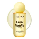 medicube Glow Vanilla Hair & Body Fragrance Mist yellow bottle with round yellow cap.