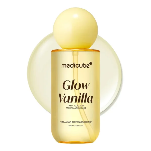 medicube Glow Vanilla Hair & Body Fragrance Mist yellow bottle with round yellow cap.