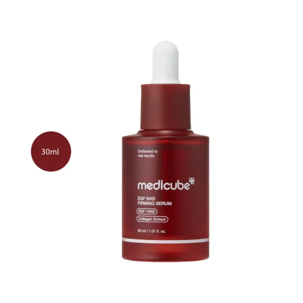 medicube NAD EGF Firming Serum 30ml dark red bottle with dropper cap.