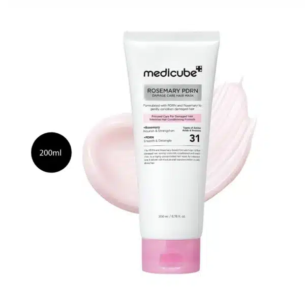 medicube Rosemary PDRN Damage Care Hair Mask 200ml white tube over light pink cream smear.