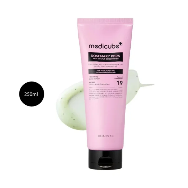 medicube Rosemary PDRN Hair & Scalp Conditioner 250ml pink tube over light green gel smear.