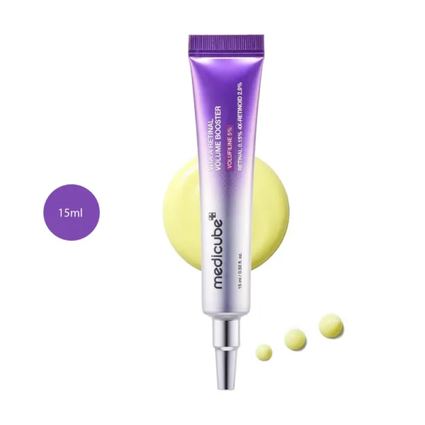 medicube Vita A Retinal Volume Booster Serum 15ml purple metallic tube over yellow cream drop