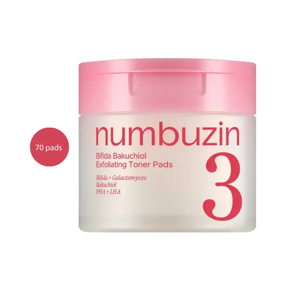 numbuzin No.3 Bifida Bakuchiol Exfoliating Toner Pads (70 Pads) numbuzin No.3 Bifida Bakuchiol Exfoliating Toner Pads 70 Pads frosted tub with pink lid.
