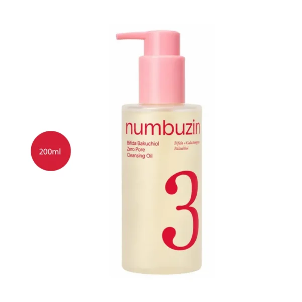 numbuzin No.3 Bifida Bakuchiol Zero Pore Cleansing Oil 200ml bottle with pink pump.