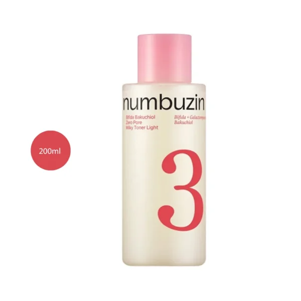 numbuzin No.3 Bifida Bakuchiol Zero Pore Milky Toner Light 200ml bottle with pink cap.