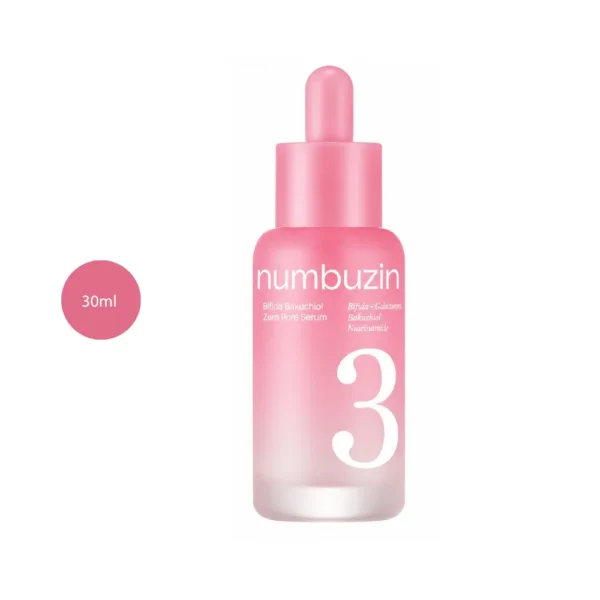 numbuzin No.3 Bifida Bakuchiol Zero Pore Serum 30ml pink bottle with dropper.