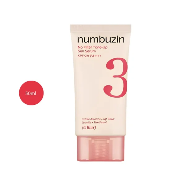 numbuzin No.3 No Filter Tone-Up Sun Serum #01 Blur 50ml beige tube with translucent pink cap.
