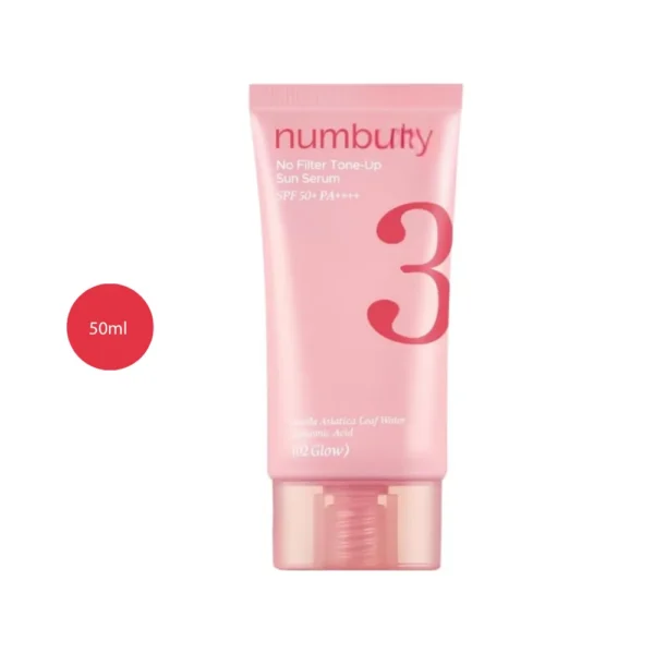 numbuzin No.3 No Filter Tone-Up Sun Serum #02 Glow 50ml pink tube with translucent pink cap.
