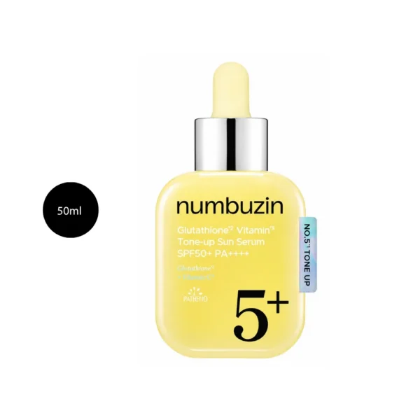 numbuzin No.5 Glutathione Vitamin Tone-up Sun Serum 50ml yellow bottle with silver dropper cap.