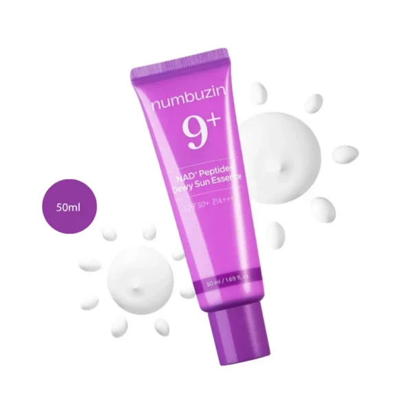 numbuzin No.9 NAD+ Peptides Dewy Sun Essence 50ml bright purple tube over cream sun spots.